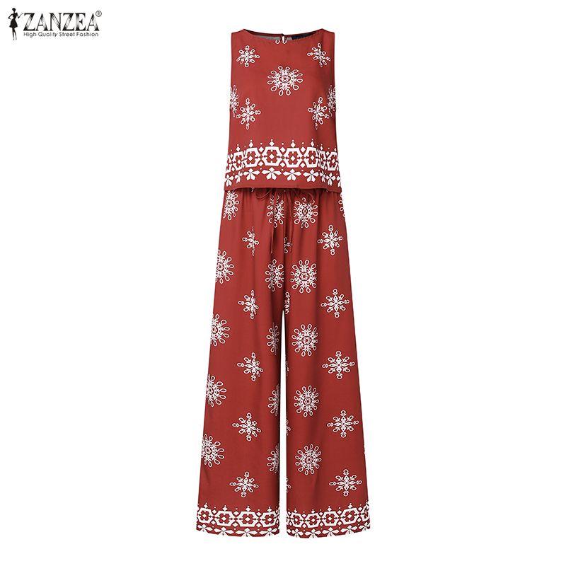 ZANZEA Two Piece Suit Women Sleeveless Print Tank Tops and Long Pants Casual Sets