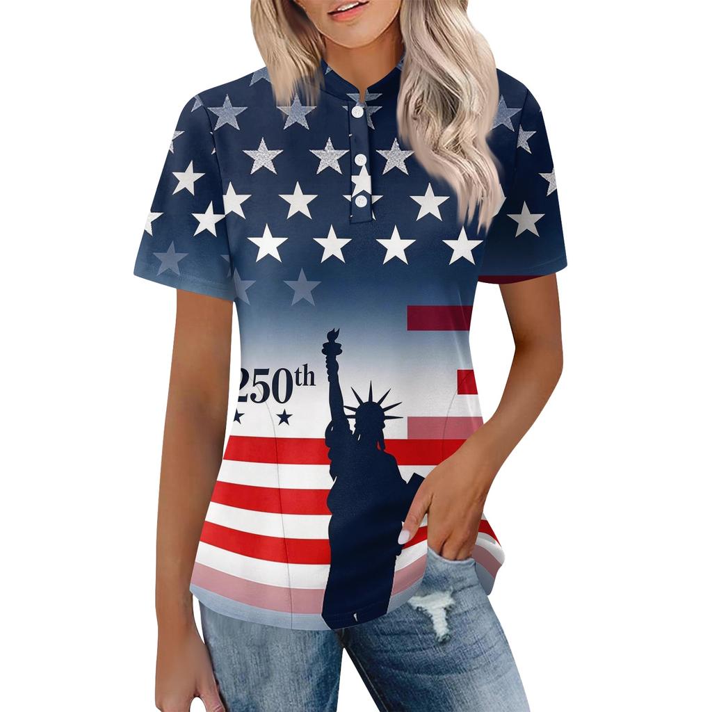 Women Casual Polo Shirt Loose Fit Short Sleeve Top American Flag Print Button Collar Summer Tee