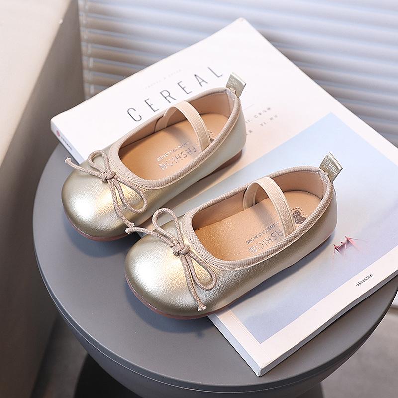 Girls Leather Shoes Round Toes Simple Bow Kids MaryJanes Slip-on Soild Color Versatile 2025 Brand New Children Flats Dance Shoes
