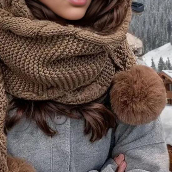 Vinter Varm Stickad Mössa Enfärgad Plyschbollsdekor Vriden Textur Ull Huva Halsduk Hatt Kallt Väder Huvudbonad