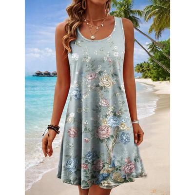 Robe de plage pour femme imprimée sans manches Robe de vacances Loisirs Style plage Col rond Robes débardeur Été