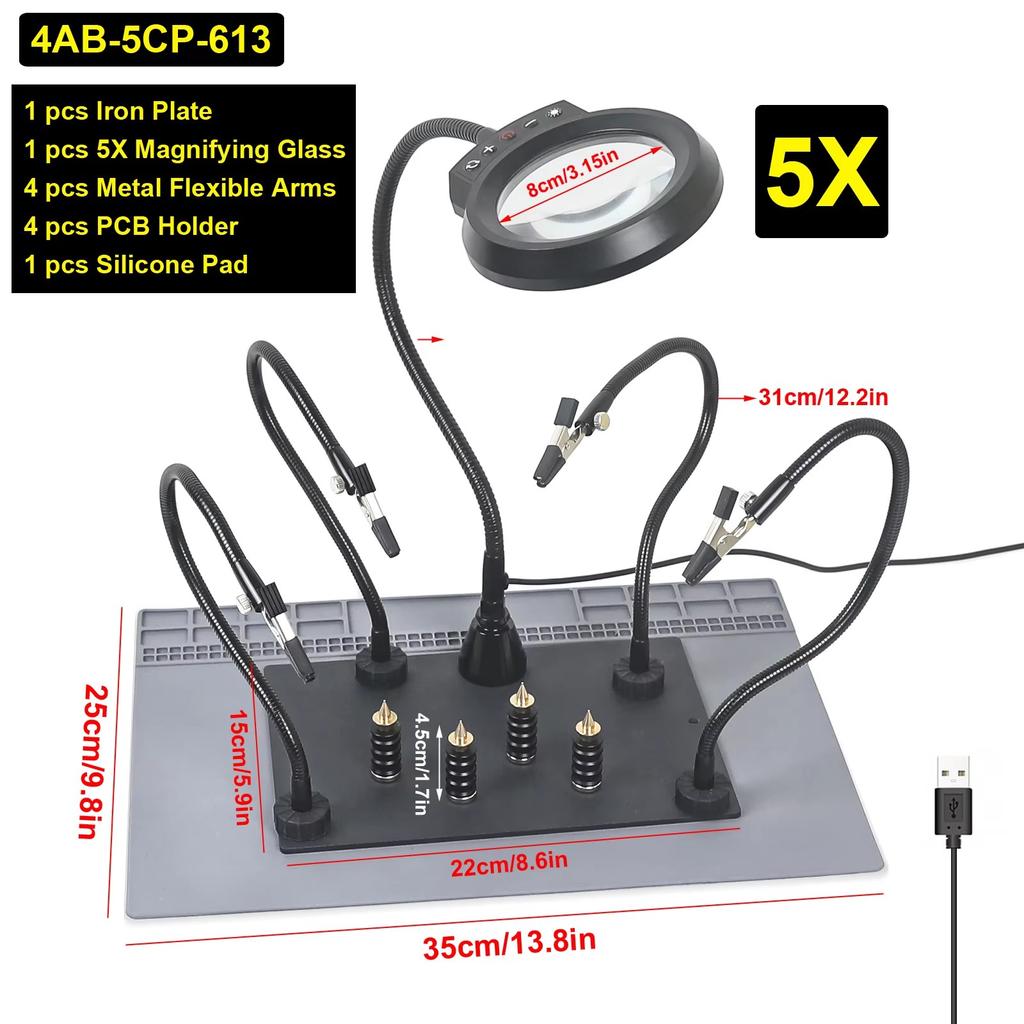 NEWACALOXMagnetic Helping Hands Soldering Station with Heavy-Duty Steel Base/Welding Silicone Pad/5X Magnifying Lamp/4PCB Holder