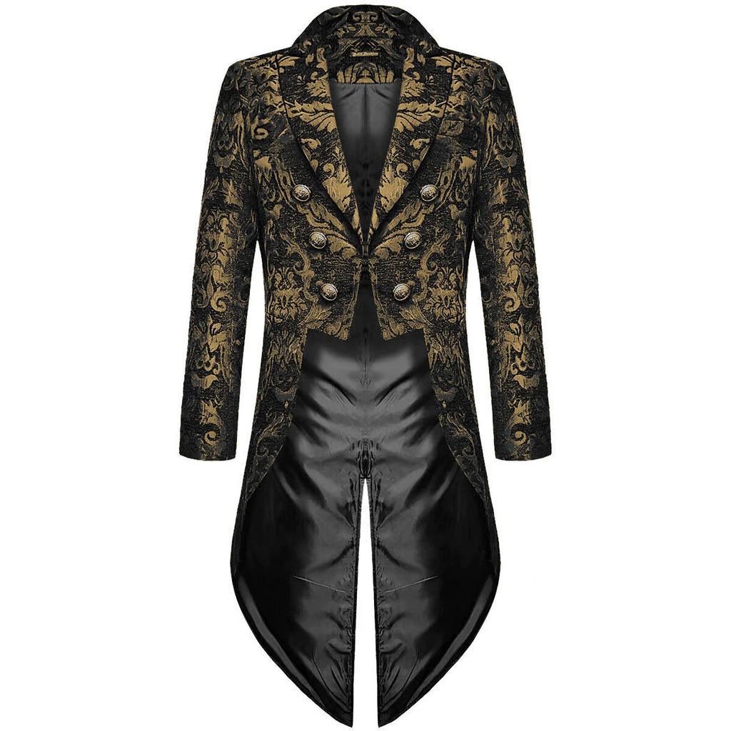 Devil Fashion Mens Gothic Steampunk Tailcoat Jacket Black Brocade Damask Wedding