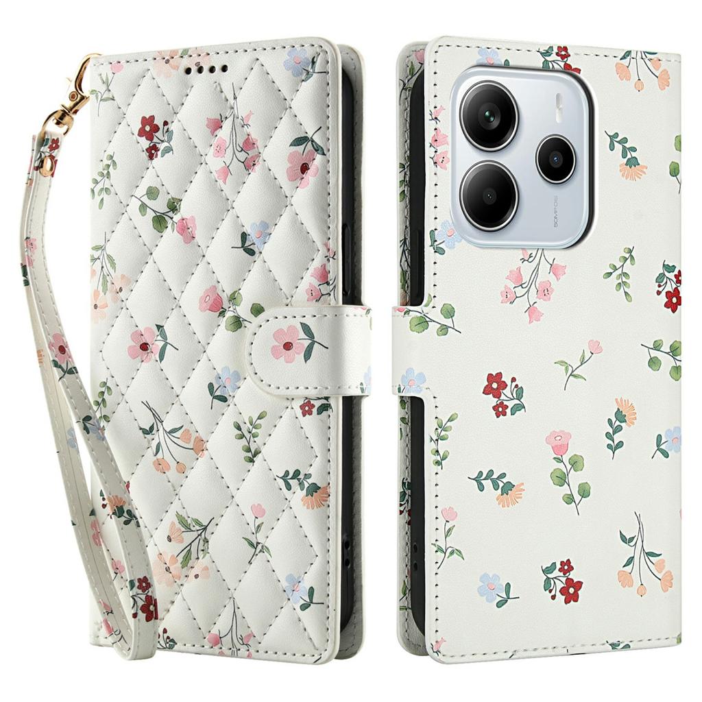 For Xiaomi Redmi Note 14 4G (163.25mm) Wallet Case Rhombic Floral Design Leather Flip Phone Cover with Strap