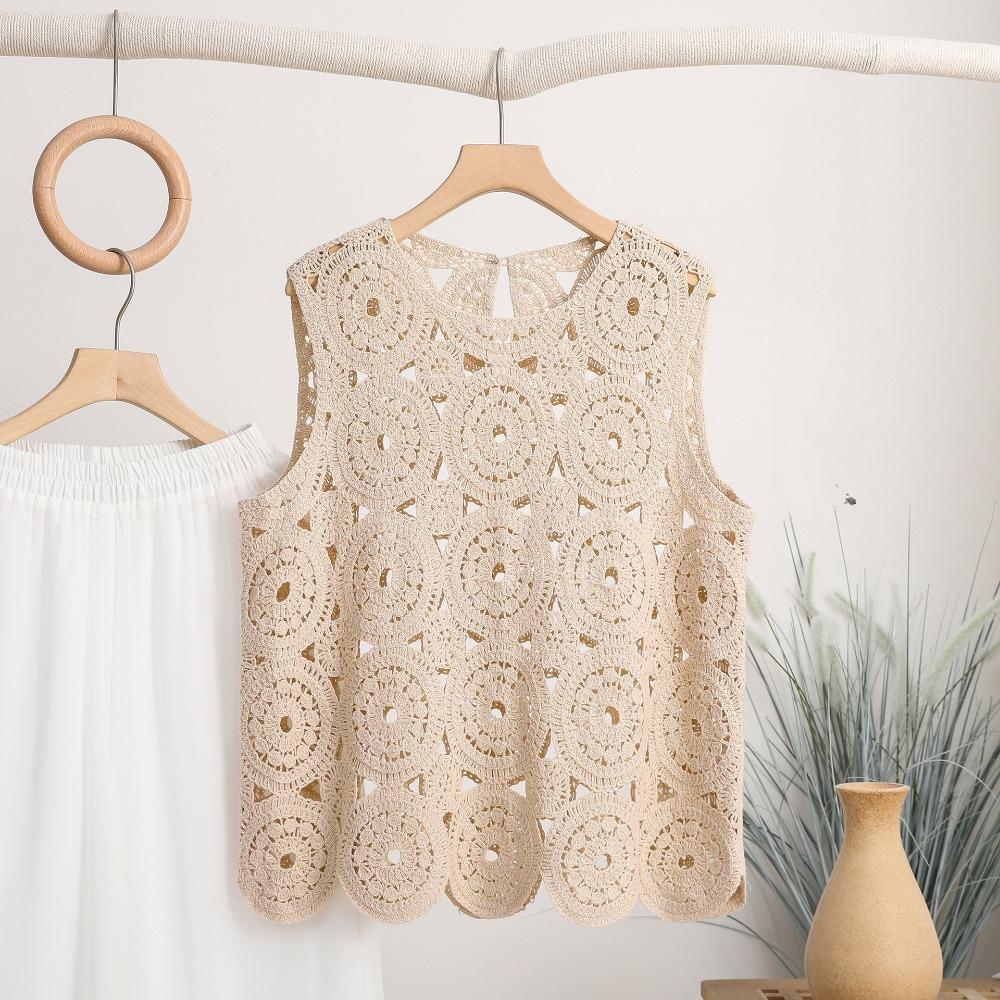 

Летний новый литературный жилет крючком ажурный вязаный маленький жилет однотонный свободный и тонкий внешний топ для женщин One size