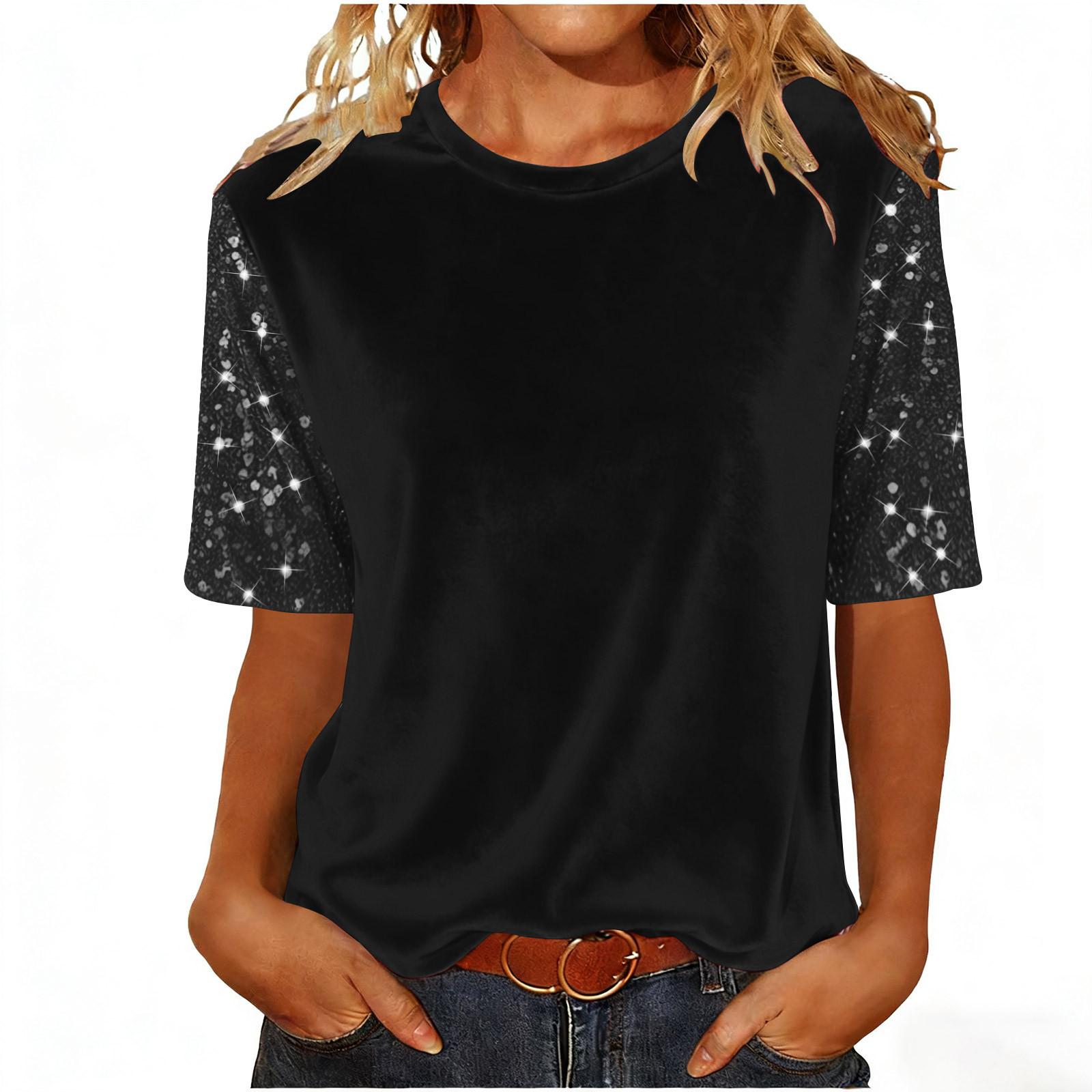 Women s Fashion Casual Round Neck Short Sleeve Patchwork Sequined Top L