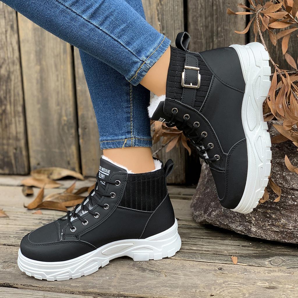 Fashion Fashion Women Warm Boots Mid Heels Shoes Winter Students Flat Boots Walking Pure Color Lace-up Boots Shoes Casual Sports Shoes