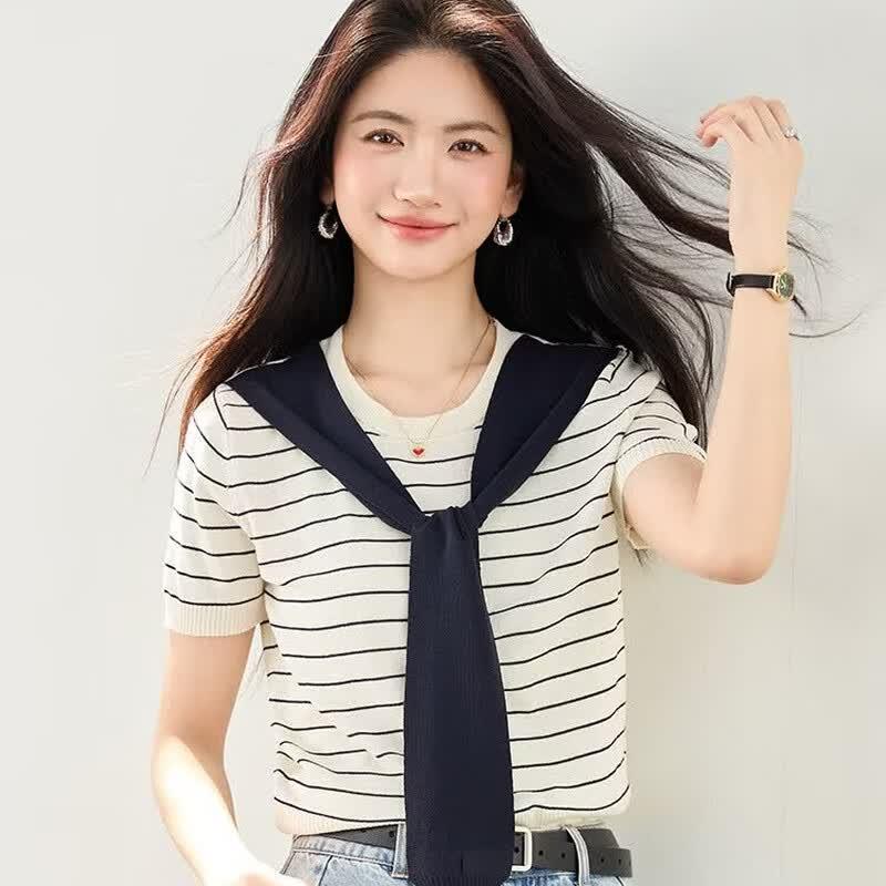 ZuoSe Women s Striped Shawl Collar Knit Top S