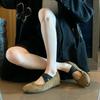 Sheepskin version! Single shoes women's round head, light mouth inner height-increasing flats, cross straps, khaki soft-soled ballet shoes