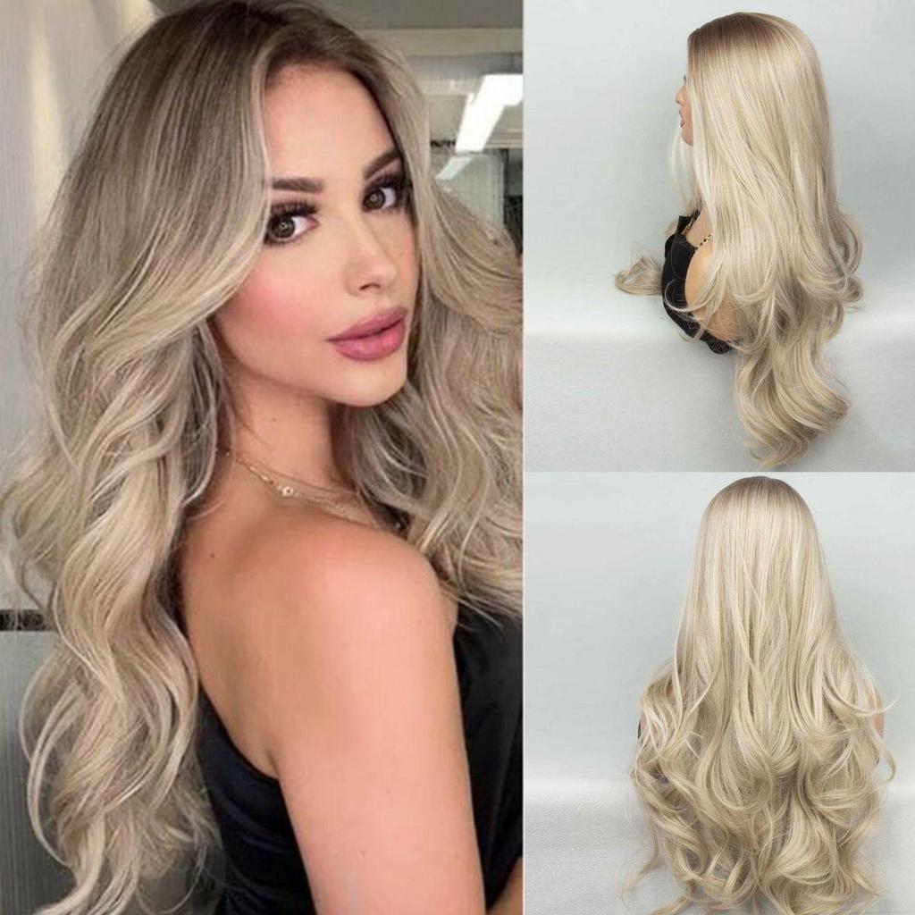 French Style Fashionable and Elegant Long Curly Hair for Women Without Bangs, Split Wig, Gold Gradient, Medium To Long Style, Daily Wig