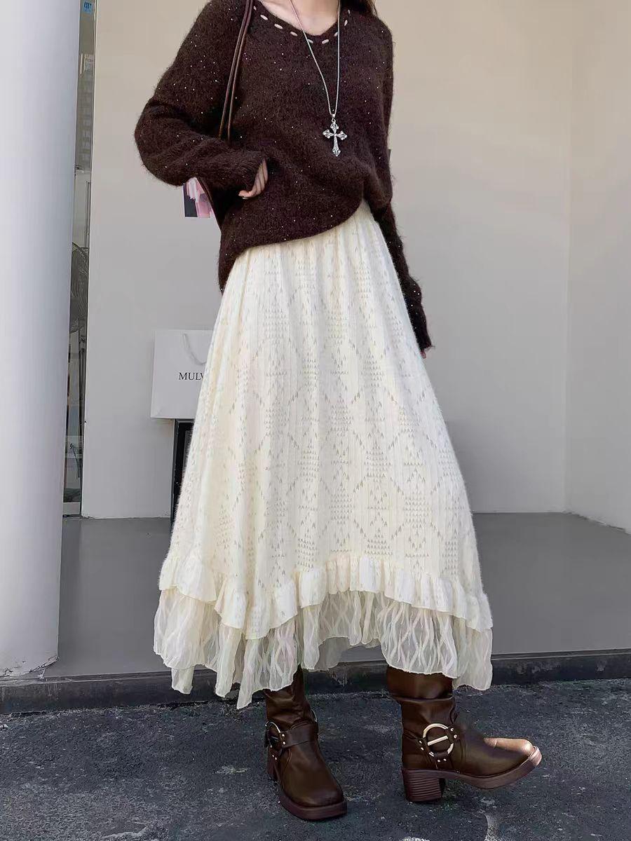 Elegant Romantic Lace Patchwork A-line Long Skirt with Irregular Hem One Size