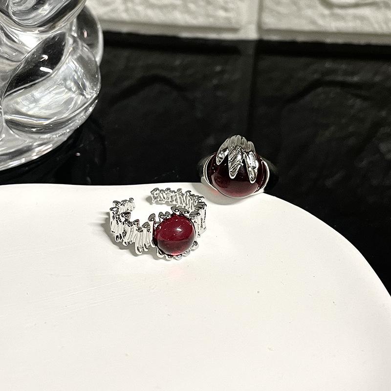 French Irregular Niche Design Personality High Sense Red Gem Open Ring Cold Wind Ring Female