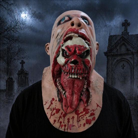 Latex Horror Mask Halloween Skull Mask, Tongue Sticking-Out Full Head Cosplay Masquerade for Party Costume Props Comfortable