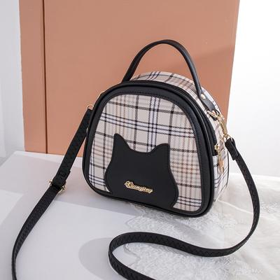 Damentasche Trendige Koreanische Version Süß und Niedlich Kontrast Kariert Bedruckt Katzenmuster Diagonale Umhängetasche Halbrunde Tasche