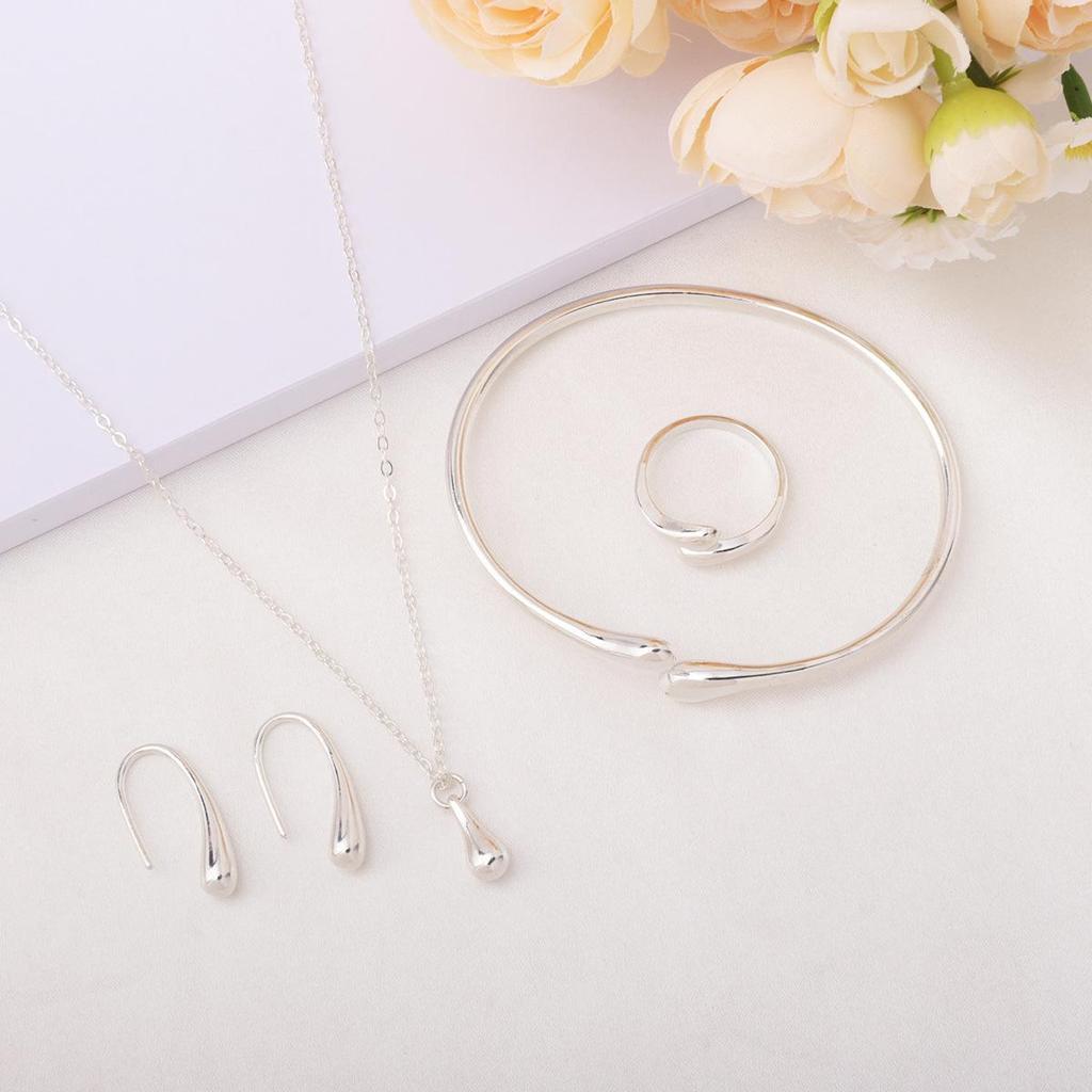 Angel's Tear Jewelry Set: Water Drop Pendant Necklace, Openable Bracelet, Earrings, and Ring - Four-Piece Collection