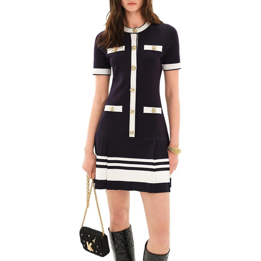 Karl Lagerfeld Romantic Date Round Neck Color Block Short Sleeve Dress Women Dresses Navy-Blue M22E13H9