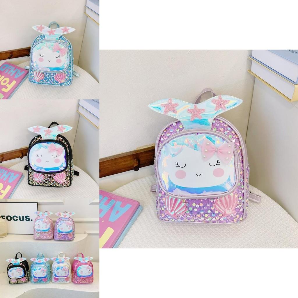 Children Girls Backpack With Shiny Shell Mermaid Tail For Kindergarten School Use