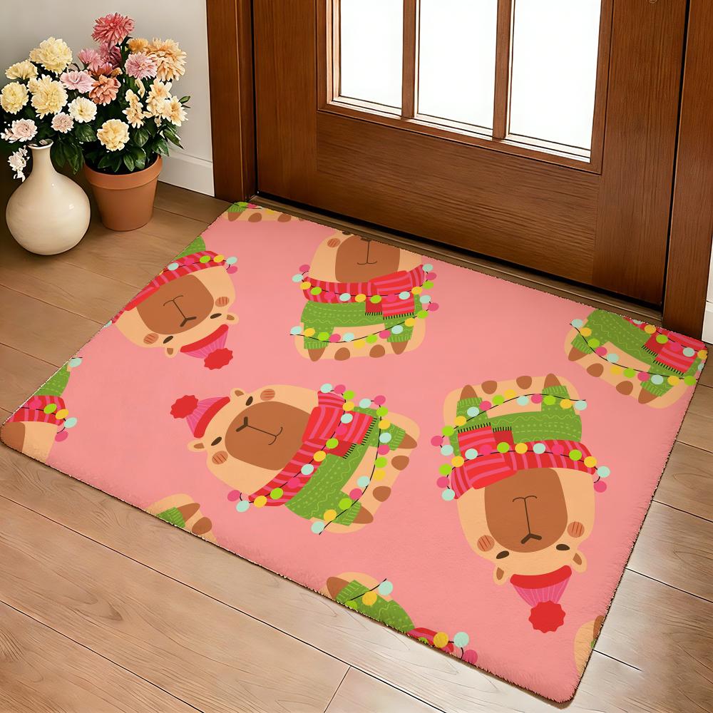 Cute Capybara Pattern Floor Mat Cozy Flannel Soft Thick Non-Slip Mat For Living Room Bedroom Kitchen Decor Rugs