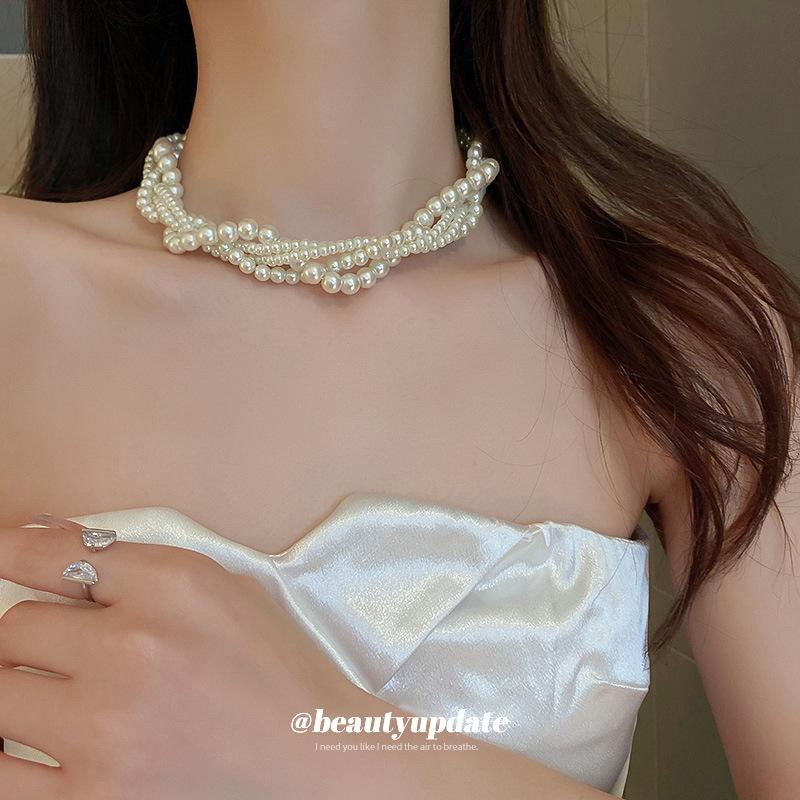 Vintage French Multi-Layer Pearl Choker & Braided Clavicle Necklace