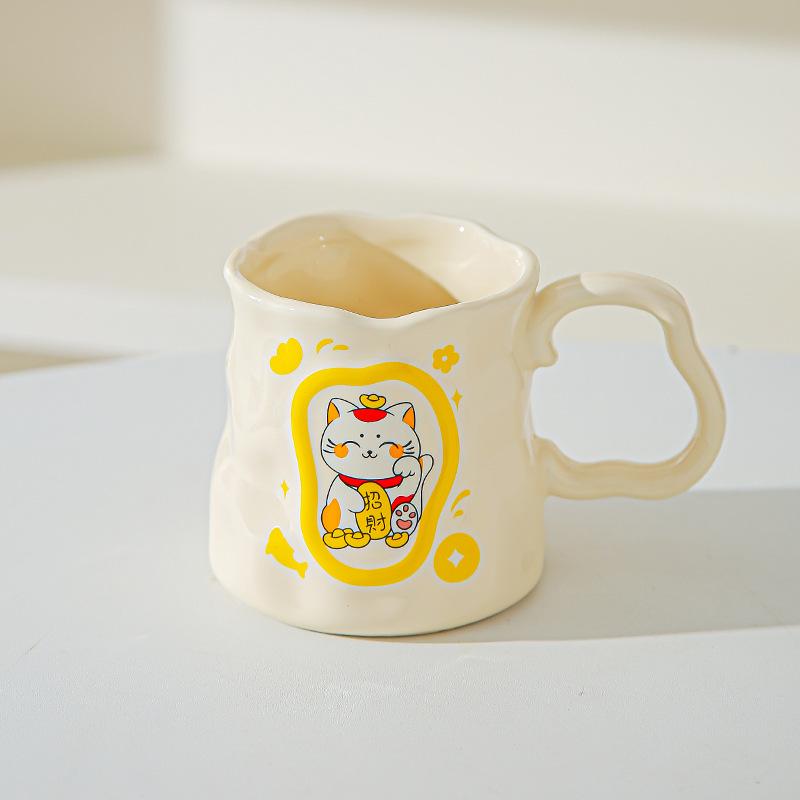 Cupa Ceramică Pisică Norocoasă Desen Animat Cupă Iregulară cu Aspect Înalt Cupă Creativă pentru Lapte/Mic Dejun Suvenir de Deschidere