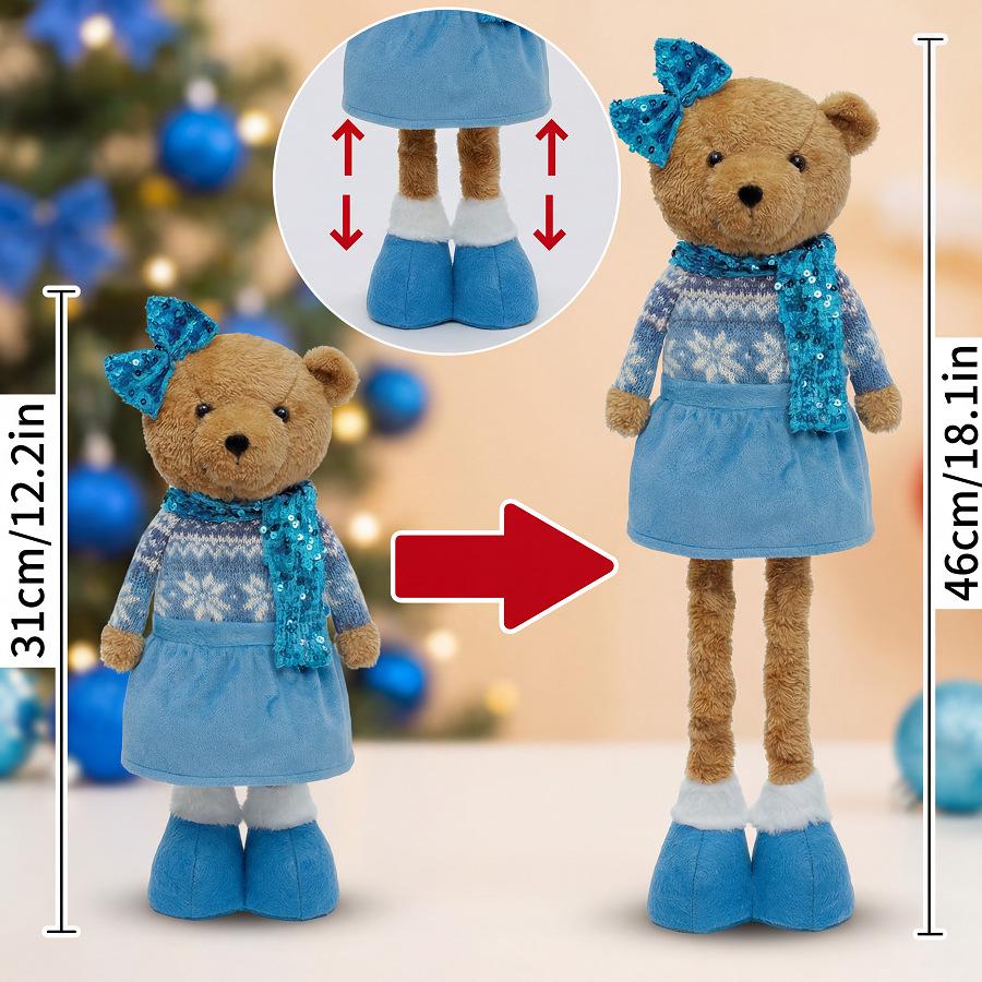 Extendable Teddy Bear with Sequin Scarf for Christmas Decor