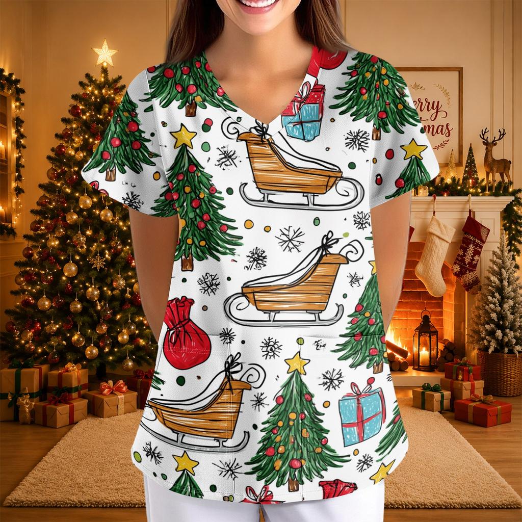 Women's Christmas Print Short Sleeve V-Neck Loose Fit Caregiver Uniform with Pockets