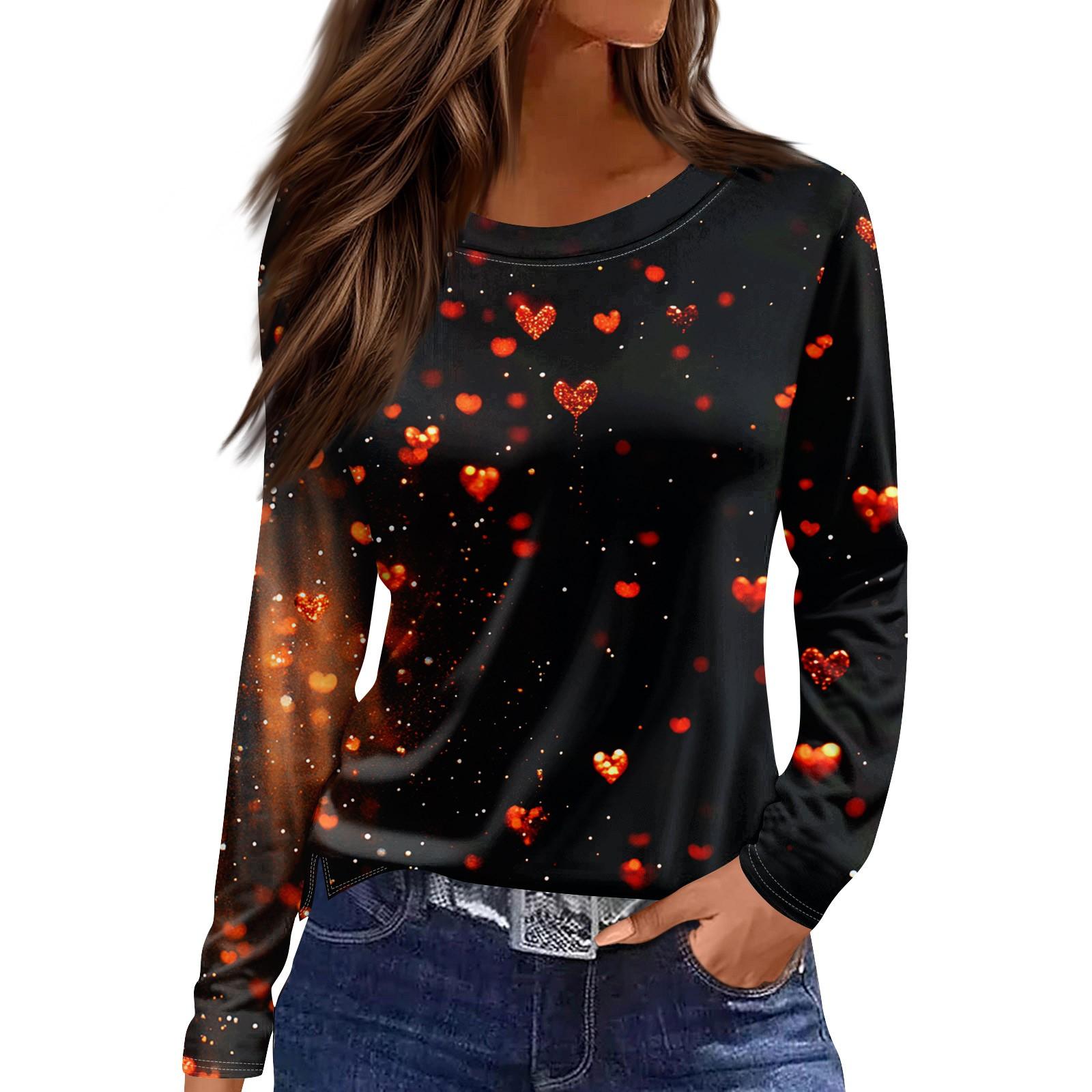 

Женская модная повседневная футболка с разрезом и круглым вырезом, длинным рукавом и принтом ко Дню святого Валентина, женский топ XXL