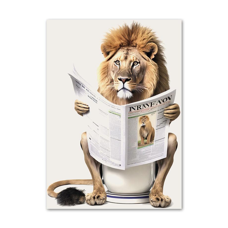 Lion Rabbit Bear Sitting On The Toilet Reading A Newspaper Posters And Print Wall Art Canvas Painting Funny Bathroom Humor Decor