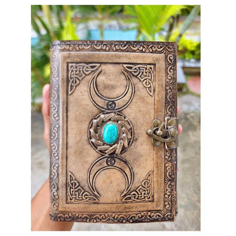 

Triple Moon Leather Journal – Handmade Witch Grimoire / Wiccan Pagan Spell book Gift 7 x 5 inch