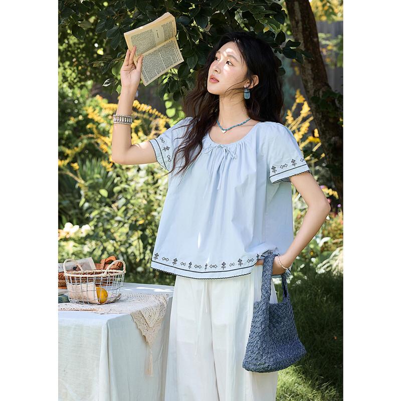 Mishow Embroidered Drawstring Puff Sleeve Blouse