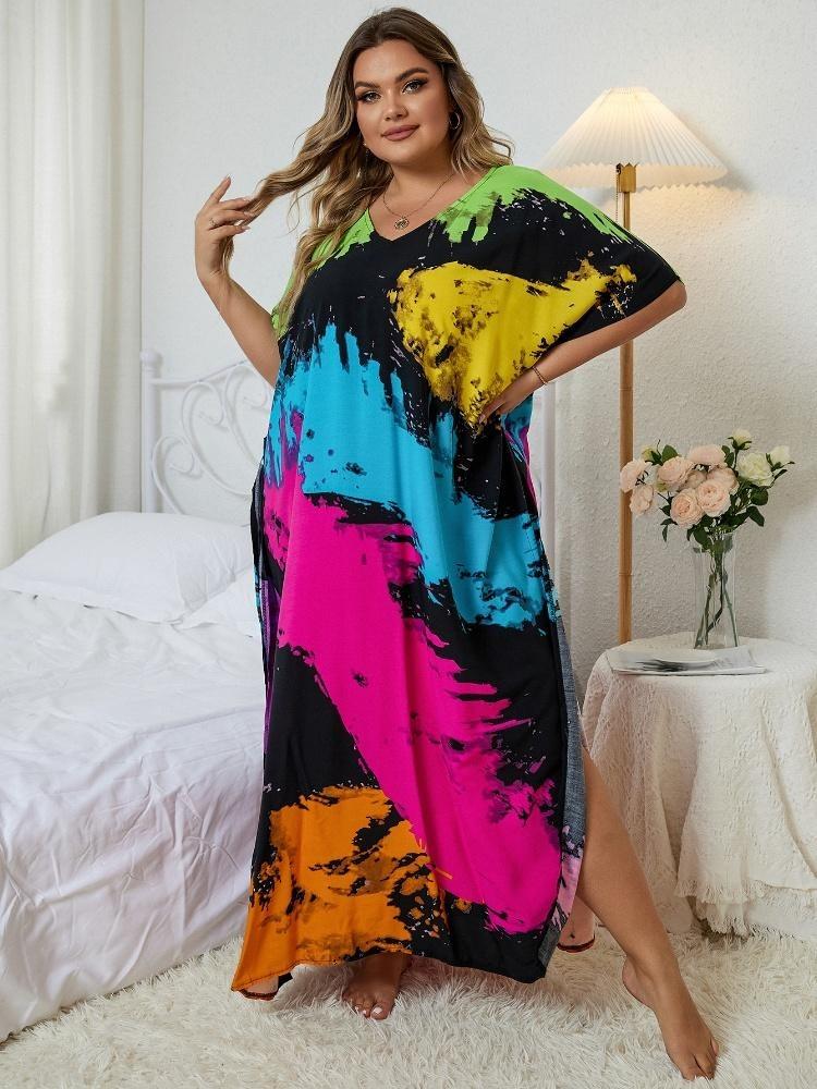 V Neck Bohemian Plus Size Printed Kaftan Dress Women Classy Long Vacation Swimsuit Cover Up