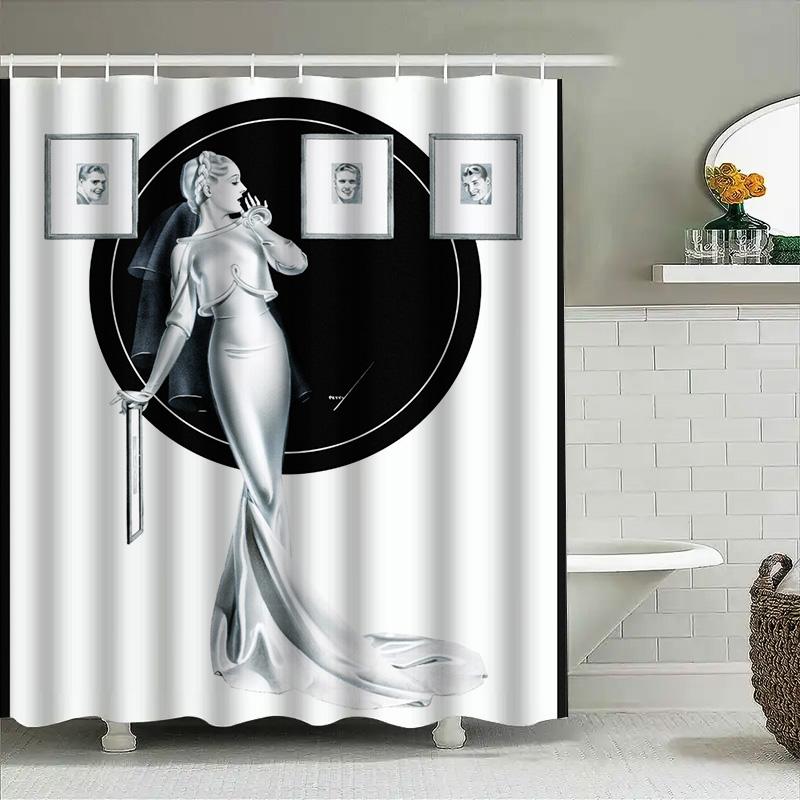 Luxurious Black White Art Deco Style Bathroom Shower Curtain with Elegant Woman Design for Home Decoration (Size: 180x240cm) Add