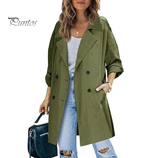 

Осень-весна Женская ветровка с отложным воротником и воротником-стойкой Двубортное свободное пальто средней длины Однотонное пальто для поездок на работу Пальто для походов XL армия зеленый
