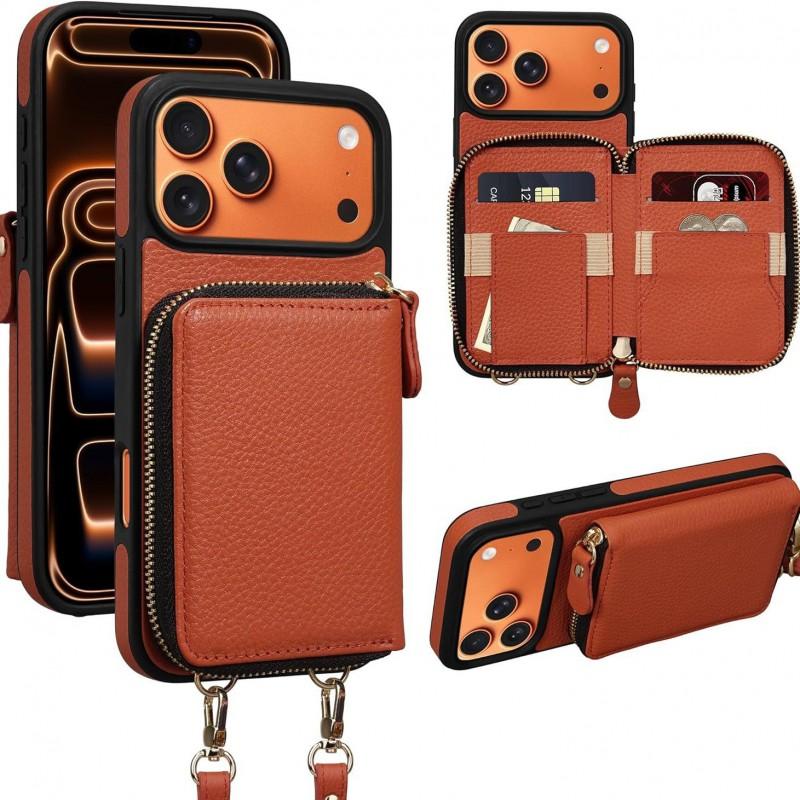 Leather Phone Case With Zipper Wallet Crossbody Strap IPhone 17 Pro Women Shockproof Protective Cover