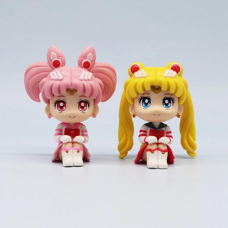 Sailor Moon Anime Model Q Version Kawaii Sailor Mars Jupiter Mercury Venus Action Figure PVC Set Model Doll Toy for Kids