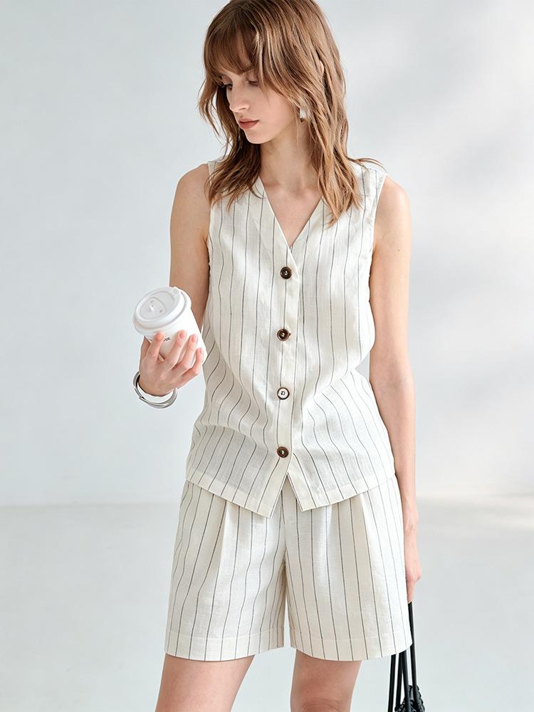 [Limited Time Special Offer] Old Money, Exquisite Linen Vest, Striped V-Neck Sleeveless, Top Women's Summer Front Button Shirt