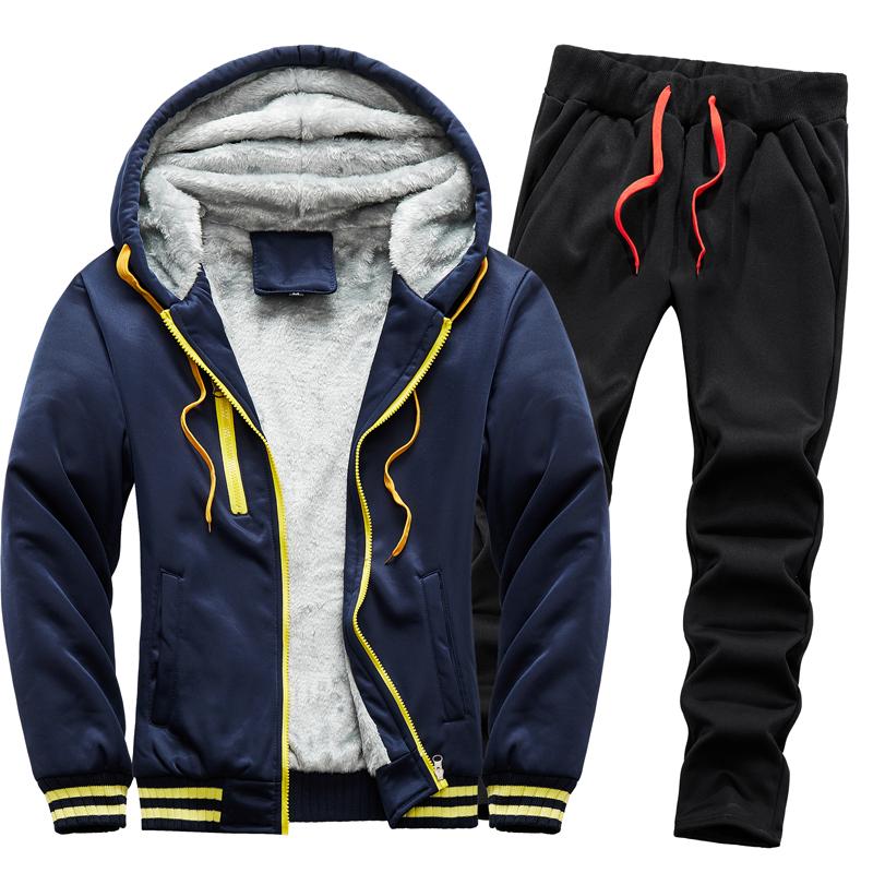Autumn and Winter Men's Casual Plus Plush Thick Hooded Suit Men's Warm Hoodie Jacket Men's Casual Plus Plush Thick Two-piece Set