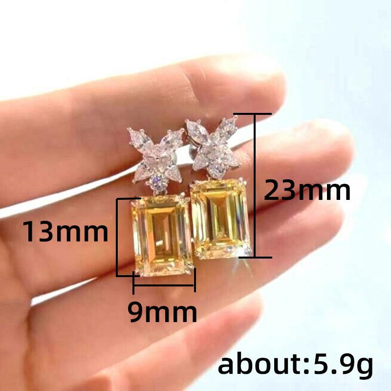 Earrings, Simulated Goose Yellow Zircon Flower Earrings, Simple Sugar Cube Style High-End Earrings