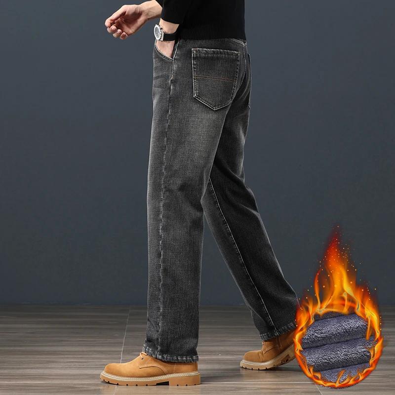 Winter Fleece Warm Men's Jeans Classic Loose Straight Plush Denim Pants Thickened Fashion Stretch Casual Thermal Trousers 42 44