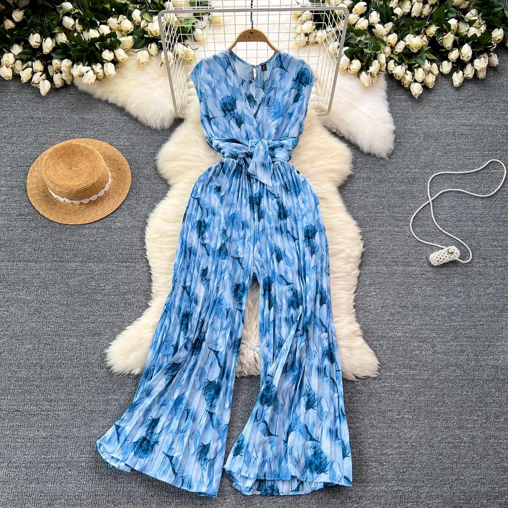 Casual Feminino Verão Floral Estampa Macacões Moda V Decote Sem Mangas Cintura Alta Larga Plissado Perna Comprimento Total Macacão