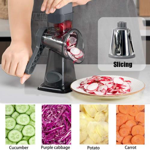 Rotating Cheese Grater/Shredder with Handle, Handheld Round Mandolin, Vegetable Slicer, Carrot Shredder, Nut Grinder with 3 Replaceable Stainless Stee