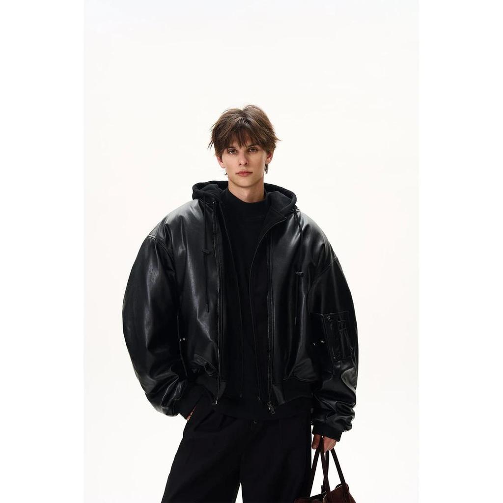 MaxDstr Unisex Tungviktig PU-läder Bomberjacka med Huva