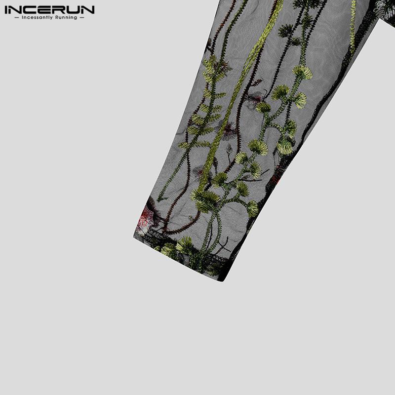 INCERUN Men Long Sleeve Embroidery Floral Mesh See Through Party Clubwear Bodysuits Jumpsuits