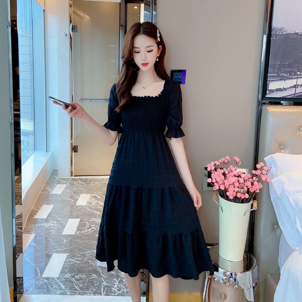 Spring Summer Chiffon Women Dresses Female Short Sleeve Elastic Waist Printed Floral Midi Dress Pleated Backless Casual Dress