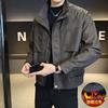 Fleece jacket men's autumn and winter trendy brand stand-up collar solid color PU leather jacket fashion versatile slim leather jacket motorcycle clot