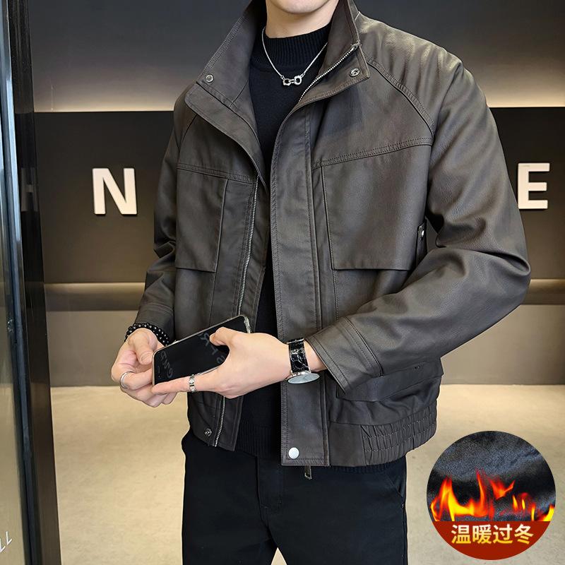 Fleece jacket men's autumn and winter trendy brand stand-up collar solid color PU leather jacket fashion versatile slim leather jacket motorcycle clot