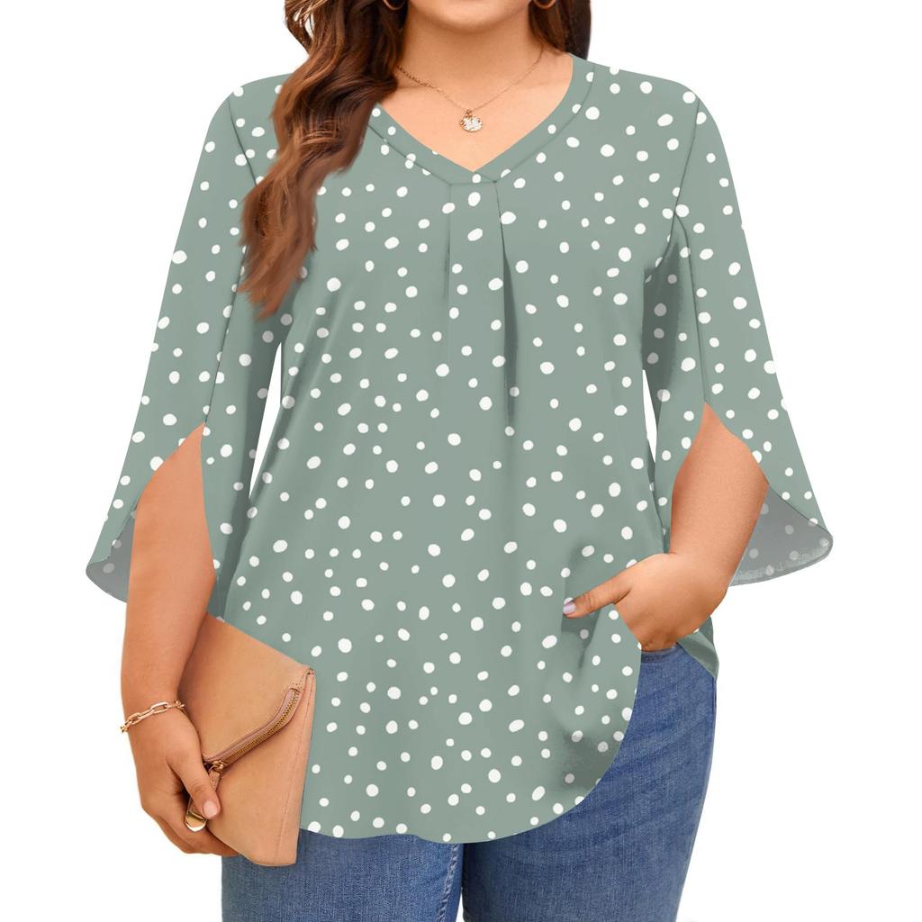 Women's Prined V-neck Plus Size Tops 3/4 Sleeves Elegant Shirt Tops
