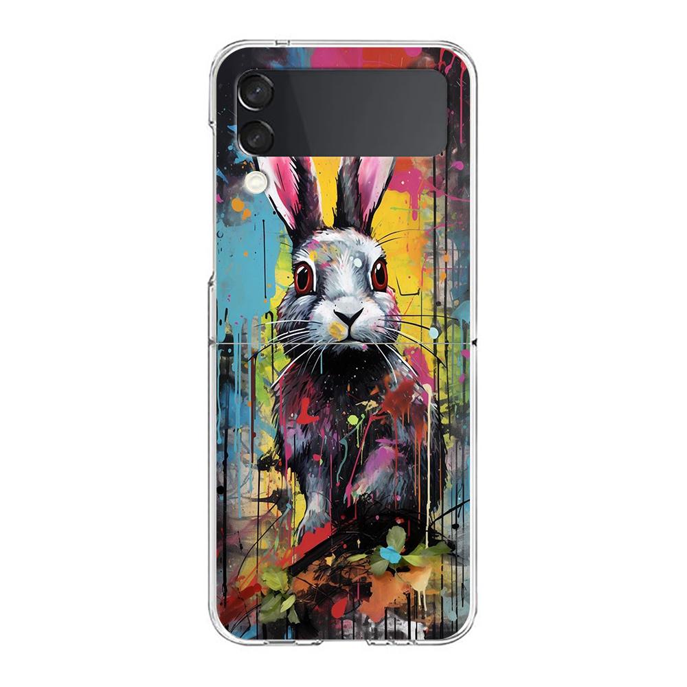 Phone Cover For Samsung Galaxy Z Flip 6 5 4 Case Transparent For Samsung Z Flip 3 Hard PC Foldable Shell Cute Graffiti Rabbit