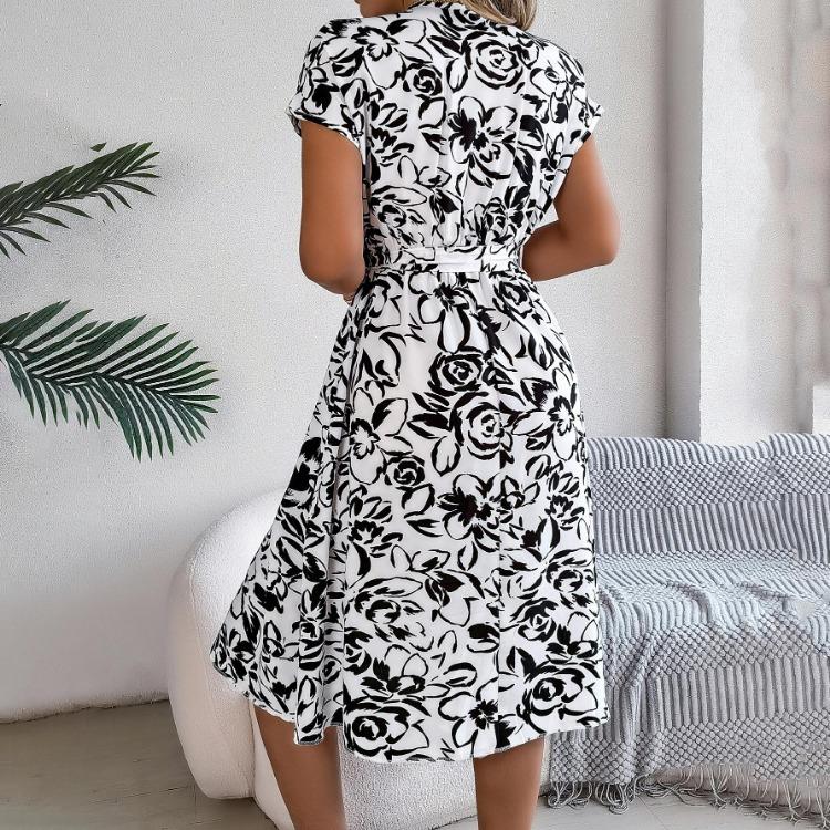 Knielang Damen V-Ausschnitt Sommer Modekleid Falten Print Gürtel