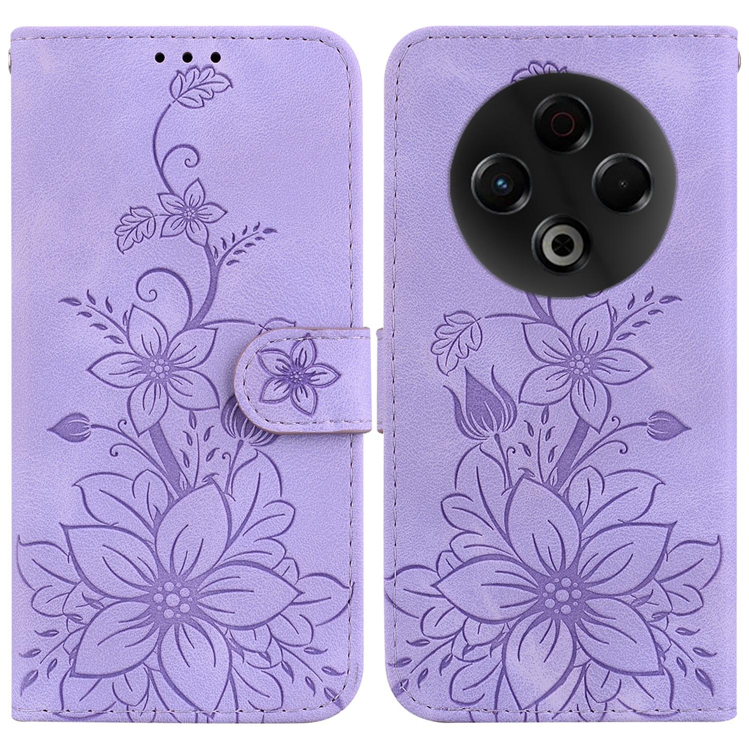 

For TECNO Spark 30 4G Stand Case Lily Flower Imprint Leather Phone Cover with Wrist Strap Purple